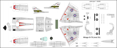 Le prototype sans canards à l'ARDU. Le profil initial (sans marquages ni couleurs) a la bosse du doppler du IIIE  mais j'ai préféré rester plus proche du IIIO à ce niveau)