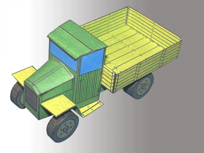 Camion Amo
Un modÃ¨le de chez Zakazan de Prague, dans le document, on a aussi une BA-64 et un T-34/76. L'Ã©chelle est Ã  priori au 1/48e. Les modÃ¨les sont plus que basiques, dans le cas du camion Amo : le chassis, les roues, la cabine et la caisse. J'ai fait la photo du modÃ¨le montÃ© 'direct des planches'. La base est cependant saine, les proportions sont bonnes. J'ai donc pu ajouter quelques parties manquantes... 
Keywords: Amo