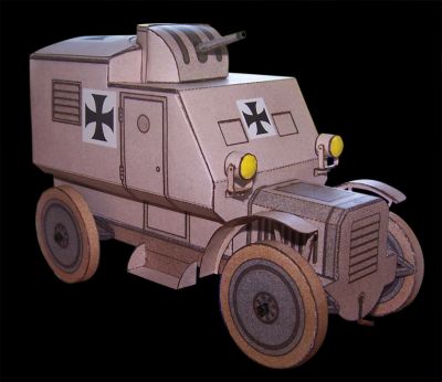 Panzerautomobil
Un vÃ©hicule de 1903 dont le modÃ¨le a Ã©tÃ© rÃ©Ã©ditÃ© l'an dernier (Moduni.de)
C'est un engin destinÃ© Ã  abattre les ballons d'observations ennemis avec un canon de 57 mm Ã  tir rapide. La tourelle ne permet qu'un dÃ©battement de 30Â° de part et d'autre de l'axe.
J'ai ajoutÃ© les phares, les ailes et les marquages. La couleur (gris-jaune) semble fidÃ¨le. MÃªme les pneus Ã©taient en caoutchouc natif, donc brun-blanc.
