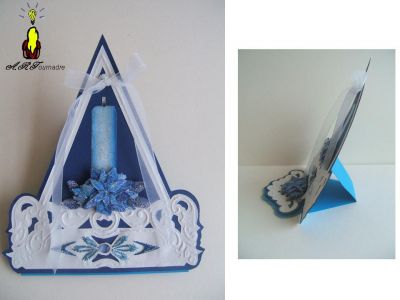carte pupitre 3D  "bougie bleue" embossÃ©e et brodÃ©e
gabarit inÃ©dit utilisant le pochoir d'embossage ou gauffrage de Marianne Design PD0015.
