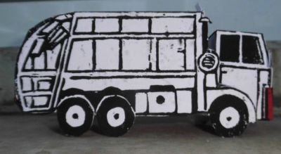 Heil Collectomat Mark II
maquette en papier realisée engravure sur linoleum d´un 
camion poubelle insperé du film "soylent green" , USA 1973
Keywords: Heil Collectomat Mark II
