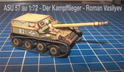 ASU-57
Autre vue du mÃªme engin. 
On ne peut que remarquer les dÃ©fauts dans la construction, surtout la liaison entre la plage avant et les cÃ´tÃ©s ainsi que l'ajustement des ailes ... c'est en se plantant qu'on apprend ! 
Je n'ai procÃ©dÃ© Ã  aucune modif dans la colorimÃ©trie, mais notez que c'est plutÃ´t jaune-brun que vert. 

