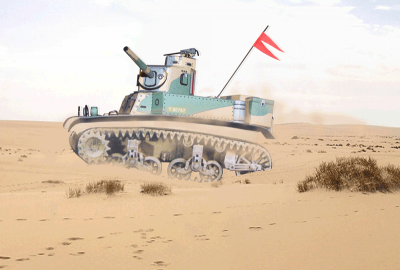 M3 Honey Stuart
Le char M3 est vu ici au sud-est de Tobrouk. Le char quitte un emplacement Ã  dÃ©filement de tourelle, et, le plus vite possible, gagne son prochain poste d'observation. Pendant son mouvement, les deux autres chars du peloton sont arrÃªtÃ©s Ã  dÃ©filement de tir et observent les points d'oÃ¹ les allemands pourraient se trouver. Le combat en char est un combat de fauves patients et l'on ne se dÃ©place pas sans avoir soigneusement observÃ© et jamais sans Ãªtre couvert. Montage Photoshop. 
Keywords: M3 Honey Stuart