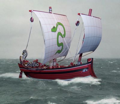 Ponto du 1er siÃ¨cle av. JC
Le Ponto est un robuste navire de charge, d'un port en lourd moyen de 300 tonnes. Son fret de prÃ©dilection est l'amphore, container standard dans l'antiquitÃ©. Une amphore contient aussi bien du vin, de l'huile, du grain, de la farine, du poisson en saumure, des fruits sÃ©chÃ©s, etc... Les pontos sont des bateaux trÃ¨s marins, manÅ“uvrants, relativement rapides. 25 mÃ¨tres de longueur Ã  la flotaison, 4,5 mÃ¨tres de large. Le ponto utilise deux voiles carrÃ©es. Equipage d'une douzaine d'hommes. Montage Photoshop.
