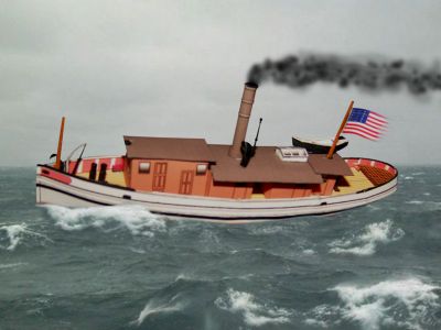 Tugboat USS Clyde
Surpris par un bon coup de tabac au large de Newport, le tugboat poursuit sa route Ã  5 nÅ“uds. Un bateau trapu, solide et dont les superstructures basses donnent peu de prise au vent.
Montage Photoshop (dÃ©tourage Ã  la plume, insertion arriÃ¨re-plan et avant-plan, jeu de contrastes, etc...)
